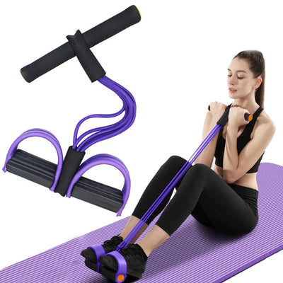 Woman exercising with a purple resistance band on a white background
