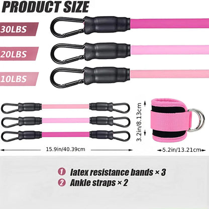 Pink resistance bands with black carabiners and ankle straps, showing product size details.