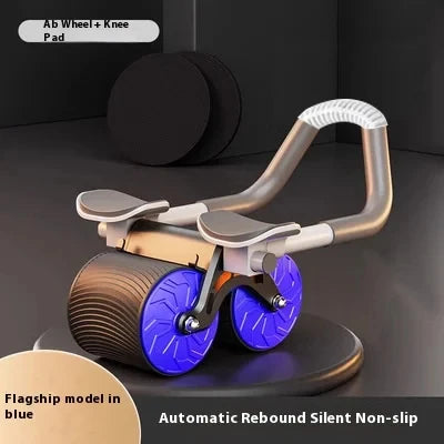 Ab wheel and knee pad with blue wheels on a dark background