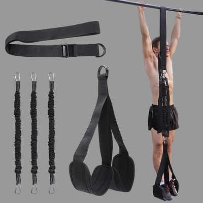 Black exercise suspension straps with a person using them for pull-ups on a white background