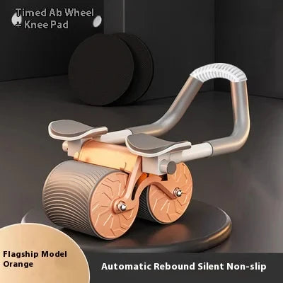Timed Ab Wheel Knee Pad with metallic handle and wheels on a dark background