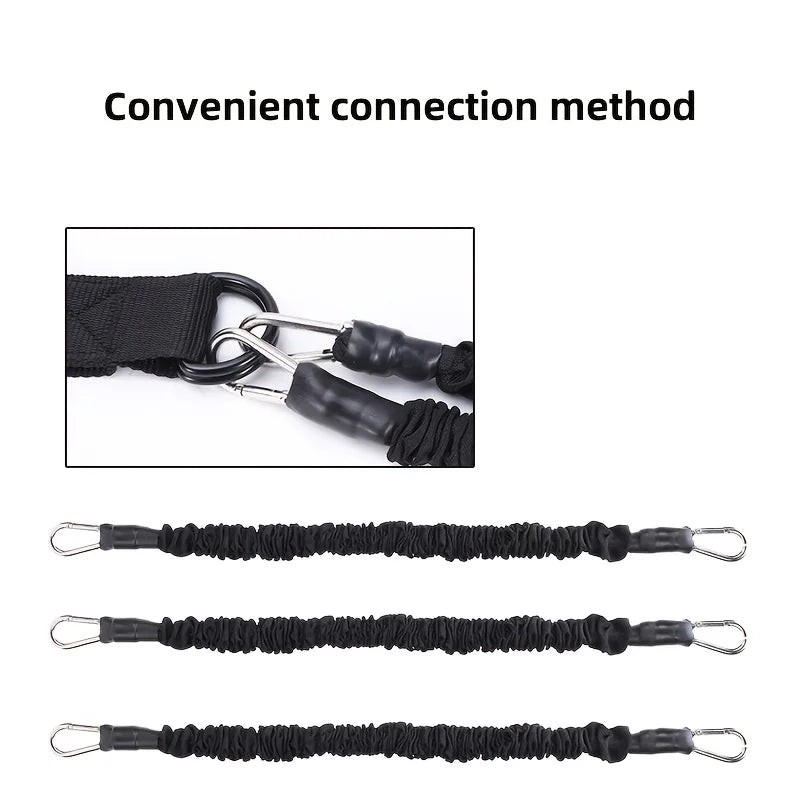 Black elastic straps with metal hooks on a white background, labeled 'Convenient connection method'.
